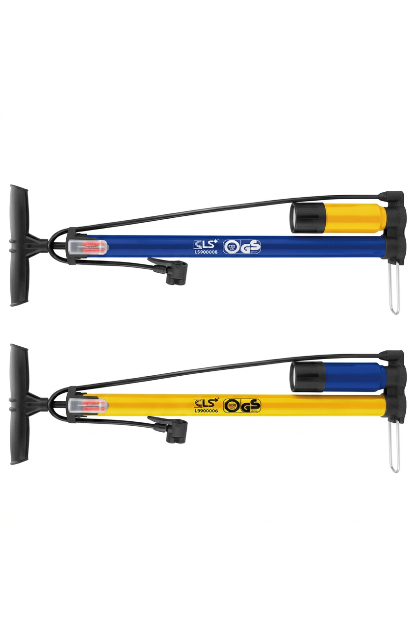 Blue and yellow hand pumps on a white studio background