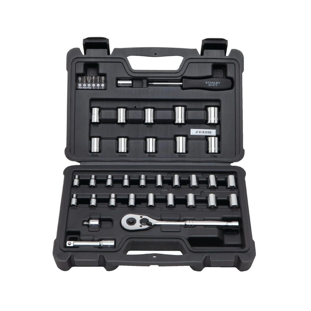 Chrome vanadium Stanley socket and ratchet set meeting ANSI standards