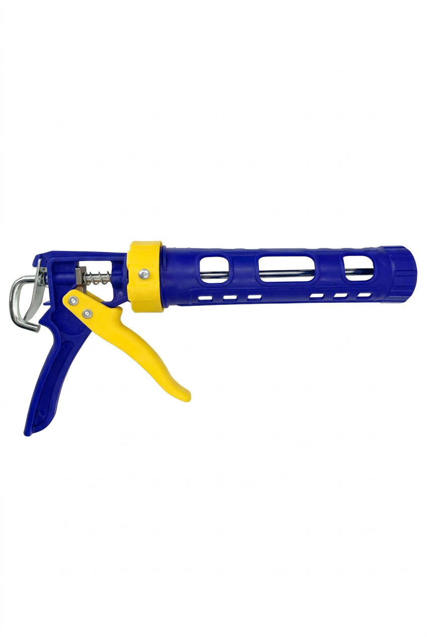Fangda blue and yellow caulking gun on a white background